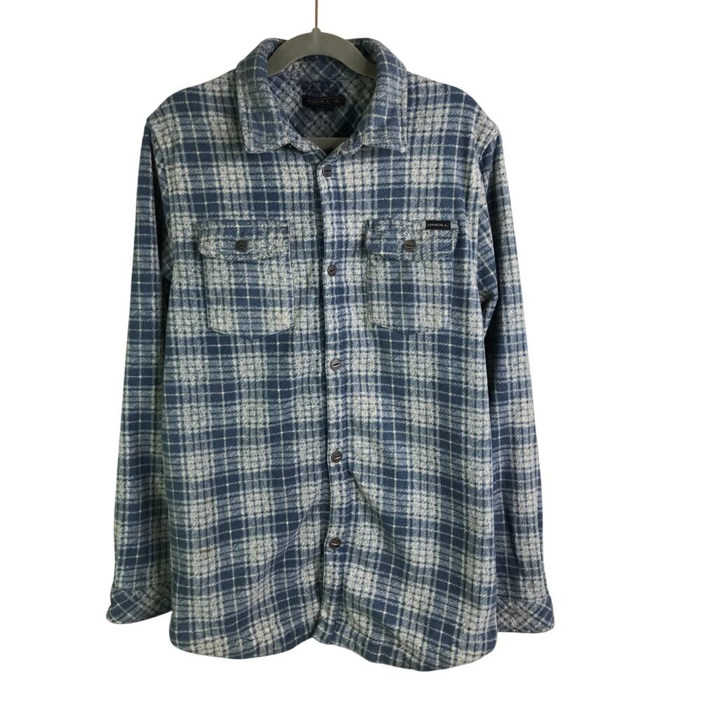 O'neill Casual Button Down Flannel Shirt Boys Sz L Slate‎ Blue Snap Button Plaid